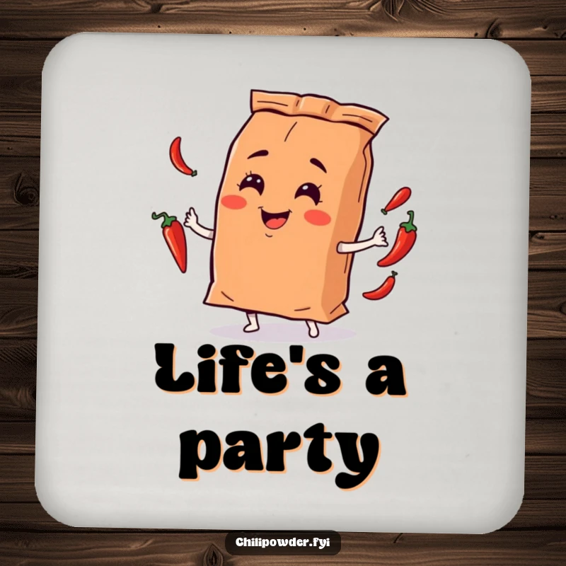 Funny chili powder bag character juggling small chili peppers with a playful smirk, depicted on a drink coaster, adding humor to tabletops.