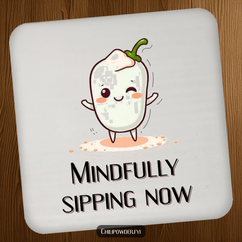 Funny Kawaii Chili Powder Coaster - A cute cartoon chili powder character tiptoeing sneakily with a hidden smile, perfect for playful home decor.