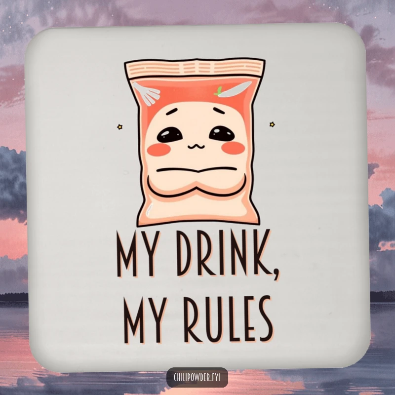 Funny chili powder coasters featuring a spice bag character making a pouting face with crossed arms, protecting surfaces with sass.