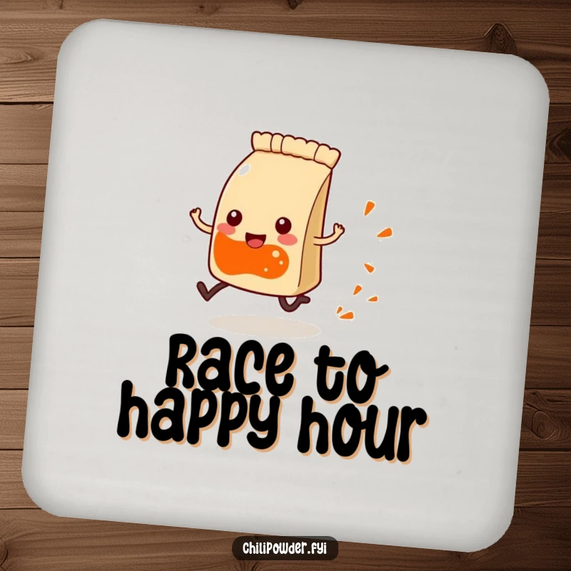 Funny Kawaii chili powder pouch with tiny legs, happily running and leaving a spice trail, humorous coaster.