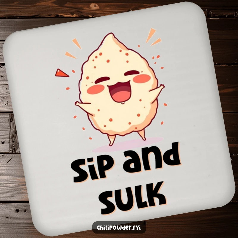 Funny chili powder puff in a playful, giggling tantrum, featured on a drink coaster for stylish protection.