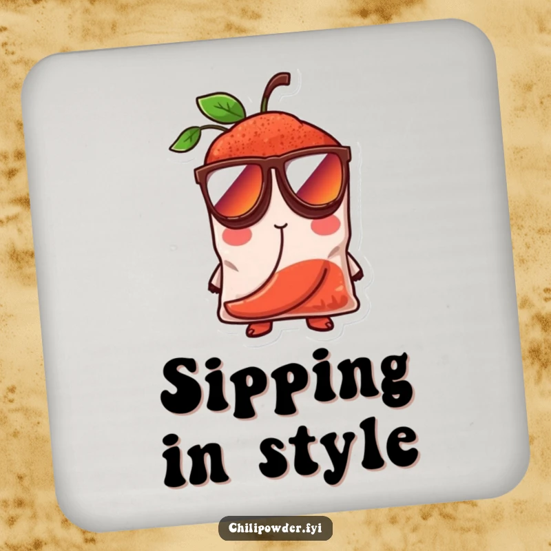 Funny chili powder bag character wearing oversized sunglasses, looking cool and confident, depicted on a drink coaster for a stylish touch.