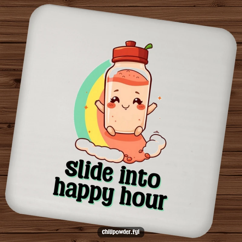Funny drink coaster with a chili powder shaker sporting a playful smirk, sliding down a vibrant rainbow, adding color to tables.