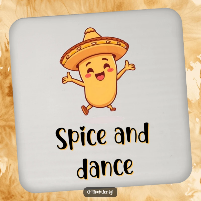 Funny chili powder character wearing a little sombrero, dancing wildly on a drink coaster, providing surface protection with a festive and humorous theme.