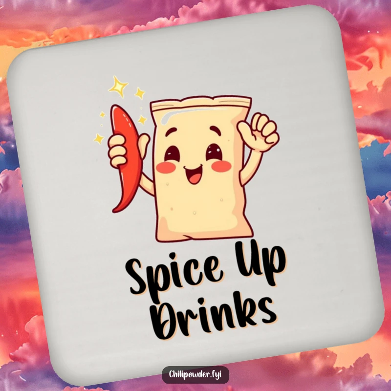Funny chili powder bag character giving an enthusiastic, shimmering high-five, designed as protective drink coasters.