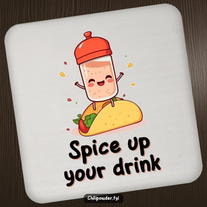 Funny chili powder shaker with tiny legs, joyfully sprinkling spice on a taco, protecting surfaces with flair.