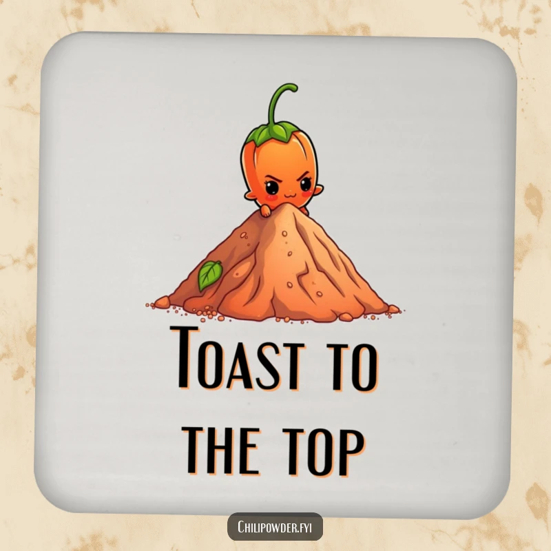 Funny Coaster: A determined chili powder element character scales a pepper mountain, adding motivational and humorous vibes to any surface.