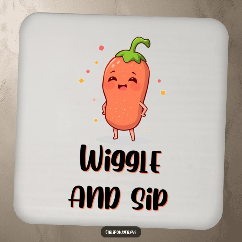 Funny drink coaster featuring a chili powder sprinkle character happily wiggling its hips, adding a humorous and protective element.
