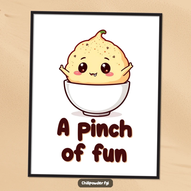 Funny chili powder puff with googly eyes leaping art print, adding a whimsical and spicy touch to decor.