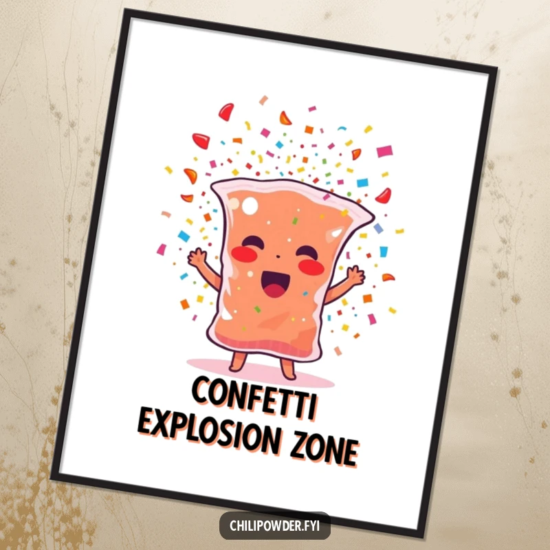 Funny chili powder poster featuring a spice bag character bursting with colorful confetti, radiating pure fun, ideal for festive decor.