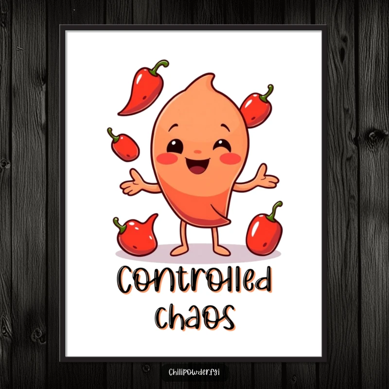 Funny Chili Powder Juggling Poster: A smiling chili powder character skillfully juggling three red peppers, adding a humorous touch to art.