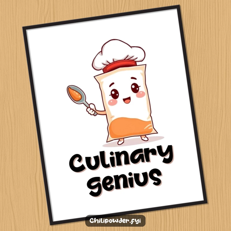 Funny chili powder poster featuring a spice bag character with a tiny chef hat, proudly holding a spoon, ideal for kitchen art.