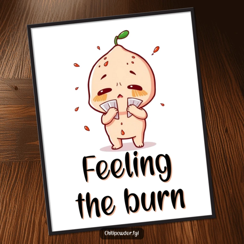 Funny chili powder poster of a character sweating profusely and fanning itself dramatically, perfect for spicy humor decor.