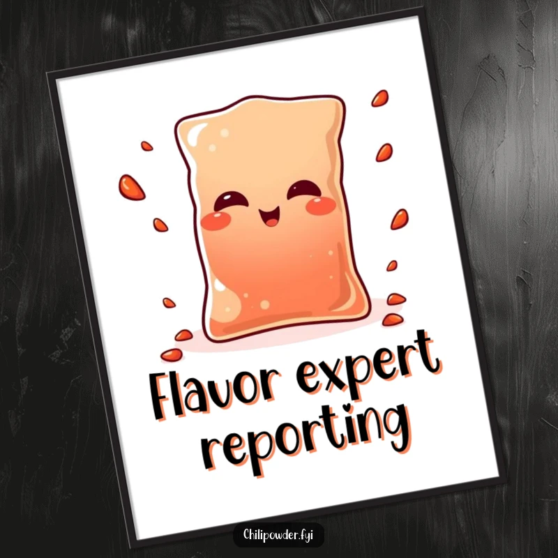 Funny Kawaii chili powder pouch winking sassily while juggling miniature pepper flakes, a vibrant and humorous poster art.