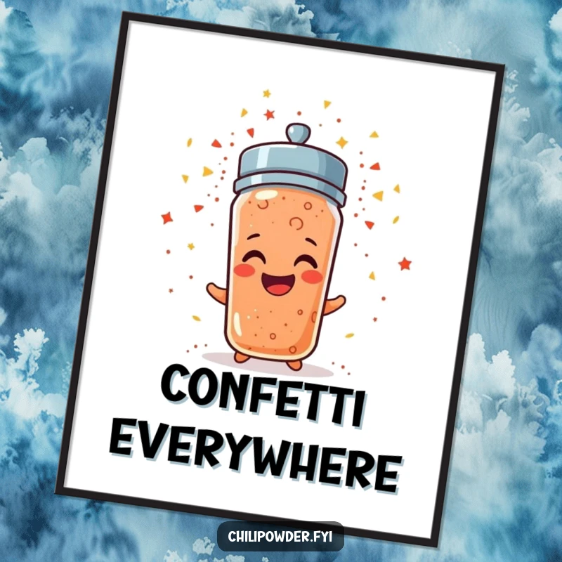 Funny chili powder shaker erupting in a puff of sparkly confetti, a humorous and festive wall art poster.