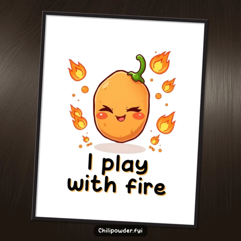 Funny poster featuring a single, winking chili powder grain masterfully juggling tiny flame icons, creating a dynamic fiery display.