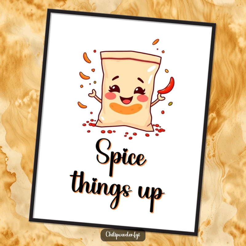Funny Poster: A mischievous chili powder bag juggles tiny spice flakes, bringing a playful and comical vibe to any room.
