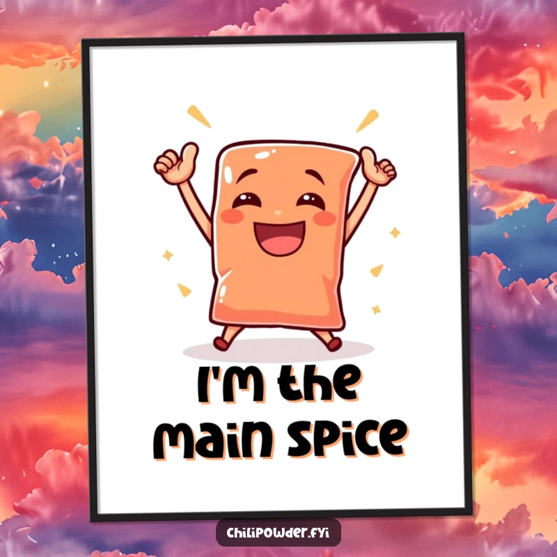 Funny small chili powder pouch performs a victorious dance with a triumphant grin, depicted as vibrant wall art.