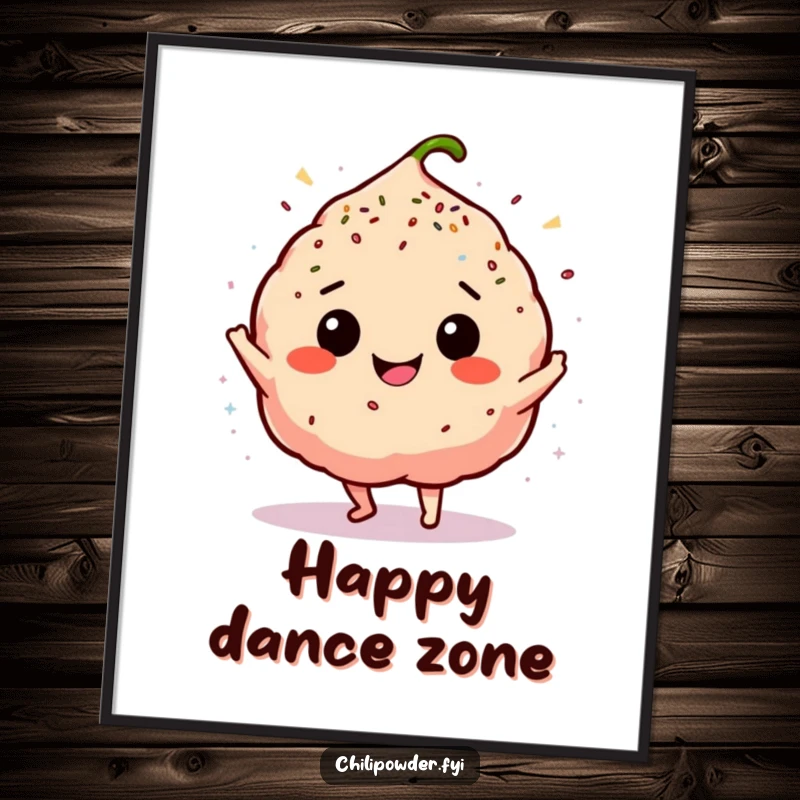 Funny chili powder puff joyfully dancing with sprinkles, depicted as a vibrant poster print for walls.