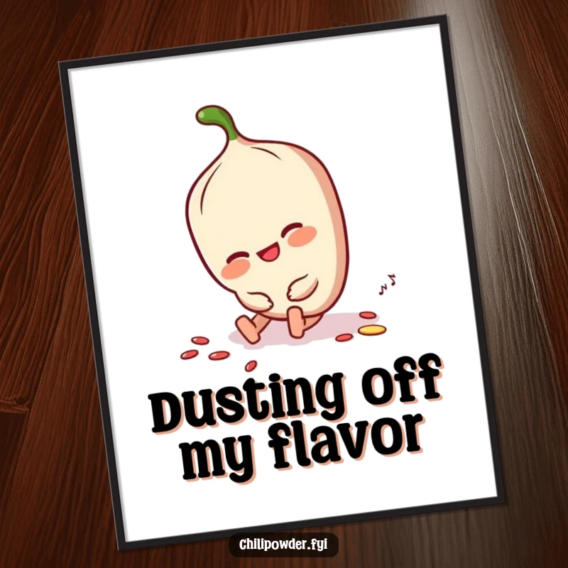 Funny chili powder character tripping but smiling, dusting itself off on a vibrant poster, bringing humor to walls.