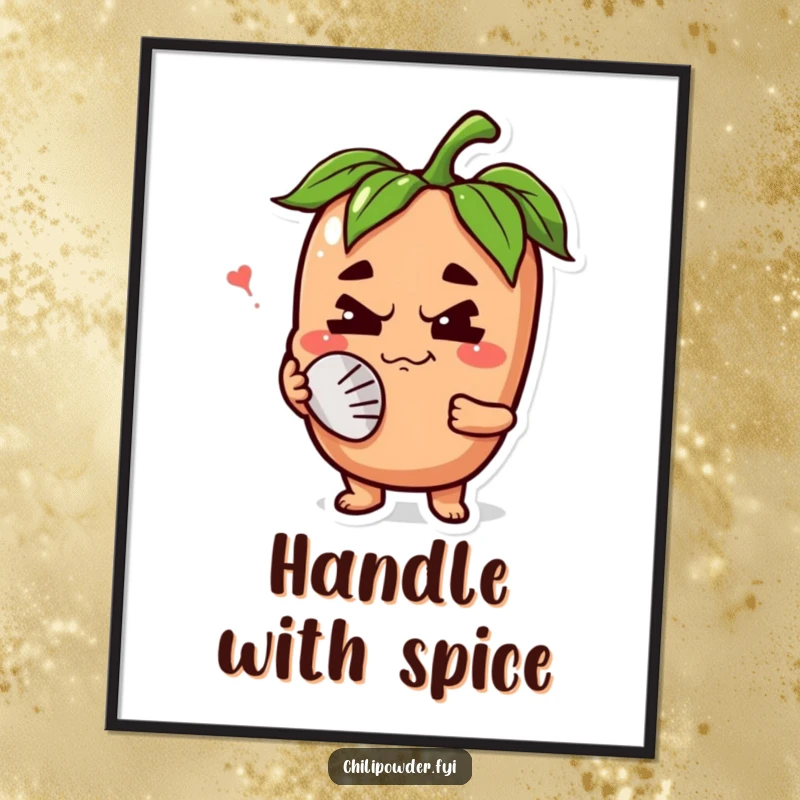 Funny chili powder character with a happy grimace, fanning its face on a poster, adding a comical and relatable touch to wall decor.