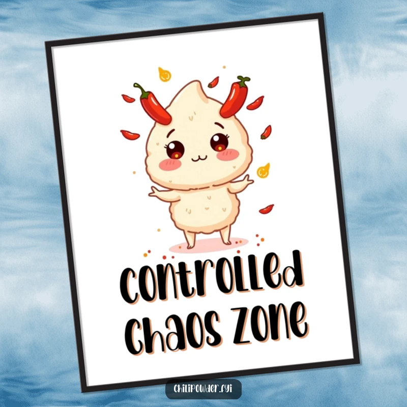 Funny chili powder puff in the midst of juggling small, exploding peppers, presented as a striking poster print.