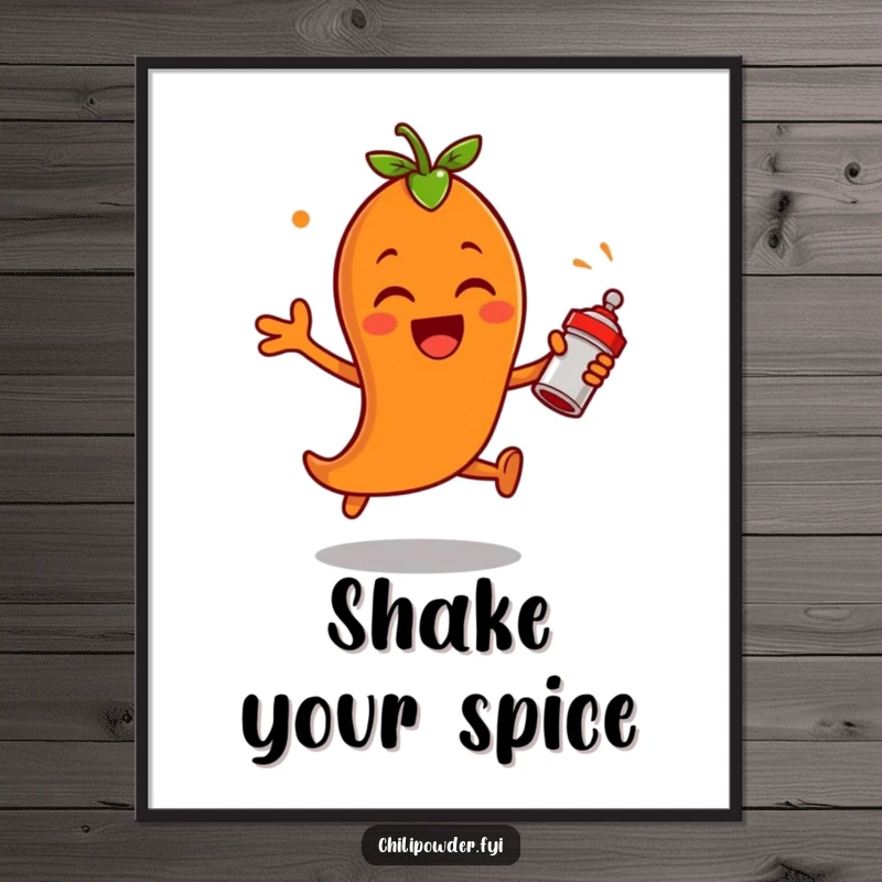 Funny chili powder character leaping with excitement, shaking a tiny spice shaker on a poster, adding a dynamic and energetic touch to wall decor.