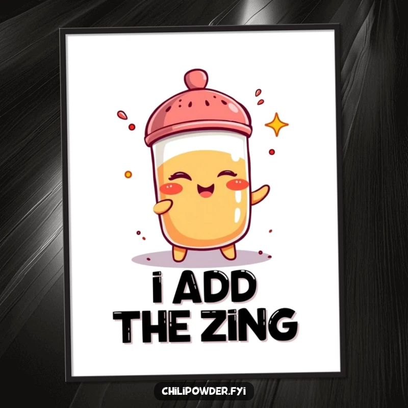 Funny kawaii chili powder shaker winks mischievously while sprinkling itself with spice on a vibrant wall poster.