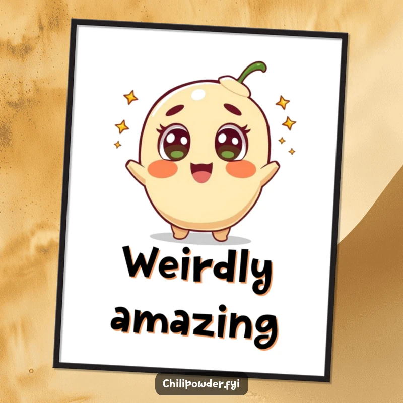 Funny poster of a delighted chili powder character with wide, amazed eyes, shooting tiny comets through a starry expanse.