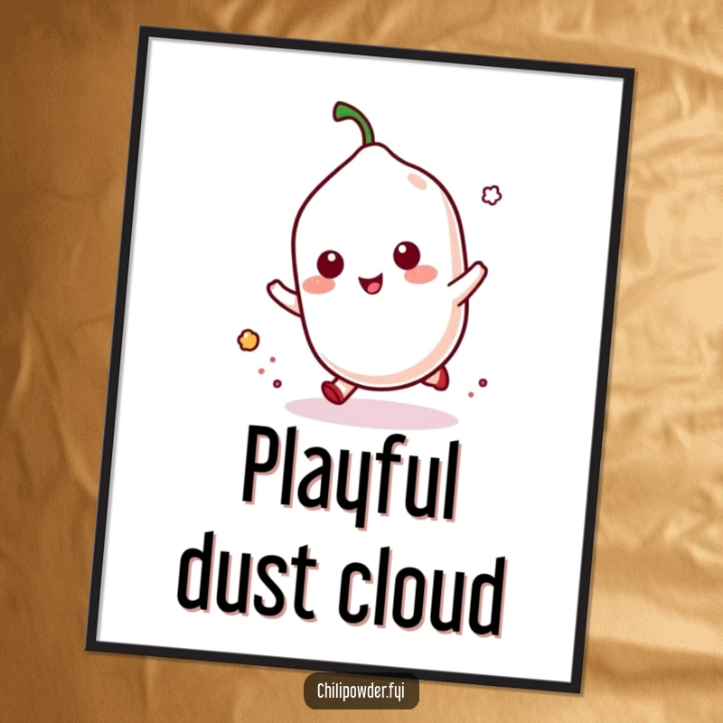 Funny kawaii chili powder doing a playful hop, a puff of dust rising, creating a dynamic and energetic wall art.