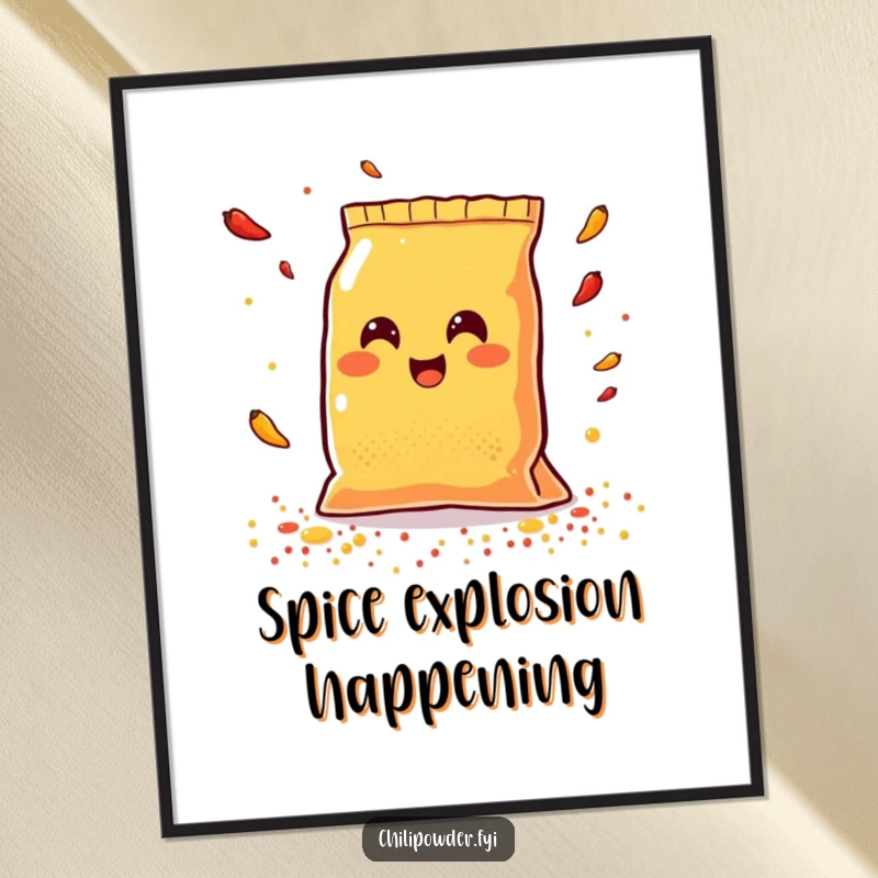 Funny Kawaii chili powder bag smiling happily while scattering colorful spices, a vibrant and humorous wall art.
