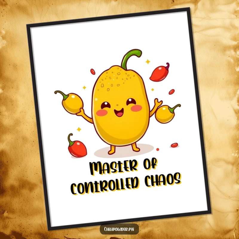 Funny Kawaii Chili Powder Poster - A cute cartoon chili powder character juggling small smiling peppers with tiny arms, perfect for spicy wall decor.