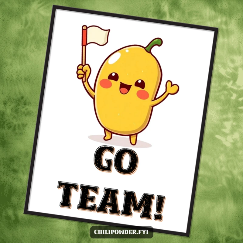 Funny Poster displaying an excited kawaii chili powder character waving a tiny flag, full of spicy celebration.