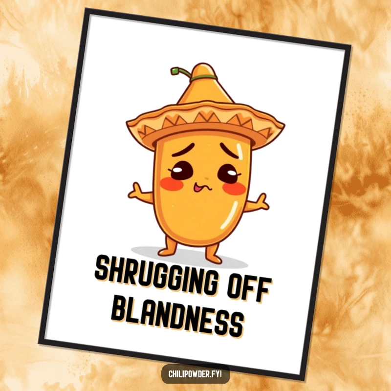 Funny Poster: Kawaii chili powder character wearing a small sombrero, shrugging with a comical expression, adding a humorous touch to any room decoration.