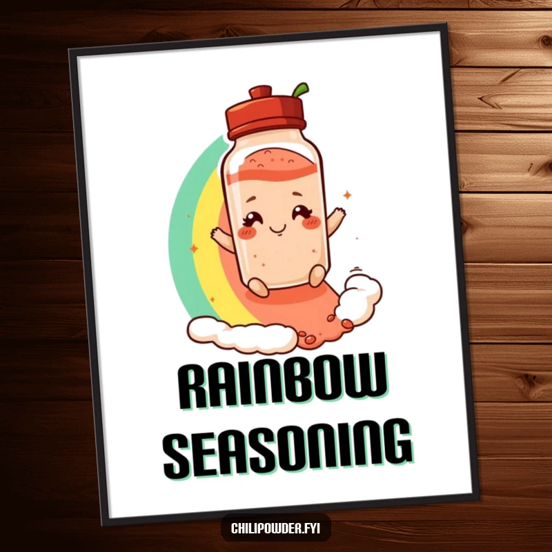 Funny poster featuring a chili powder shaker with a playful smirk, sliding down a bright rainbow, adding cheerful decor.