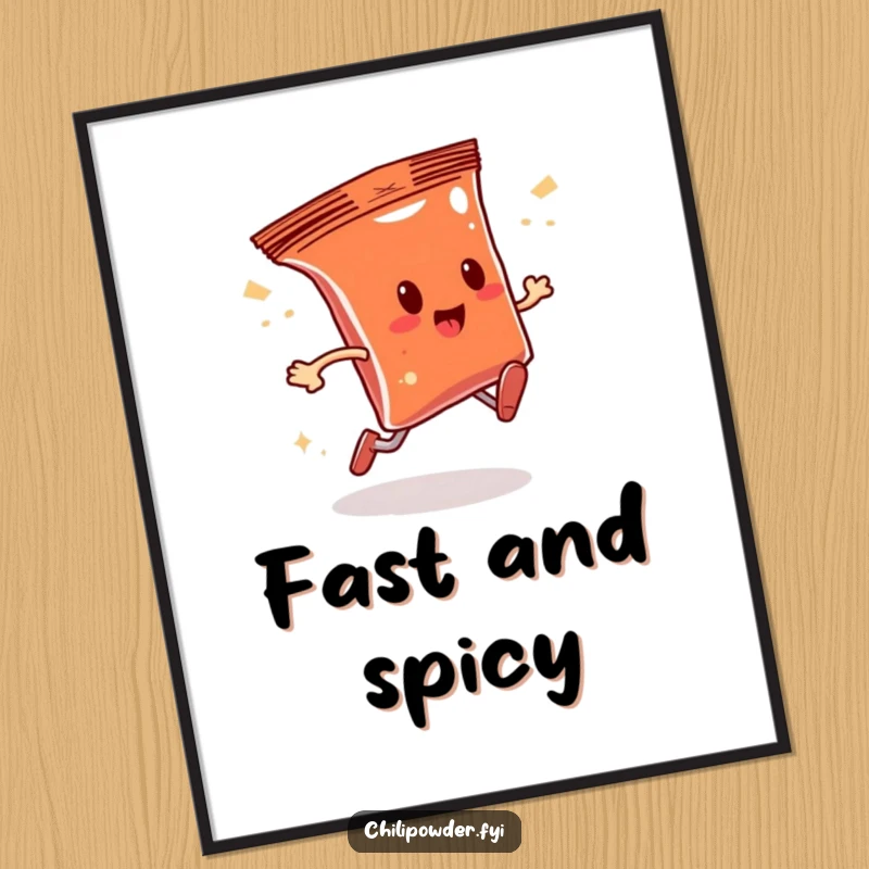 Funny chili powder bag character running at top speed, leaving a dazzling sparkly trail, featured on a vibrant poster for wall decor.