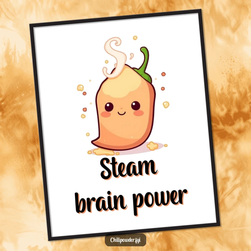 Funny kawaii chili powder with playful steam swirls around its head, bringing a warm and spirited atmosphere to any wall.