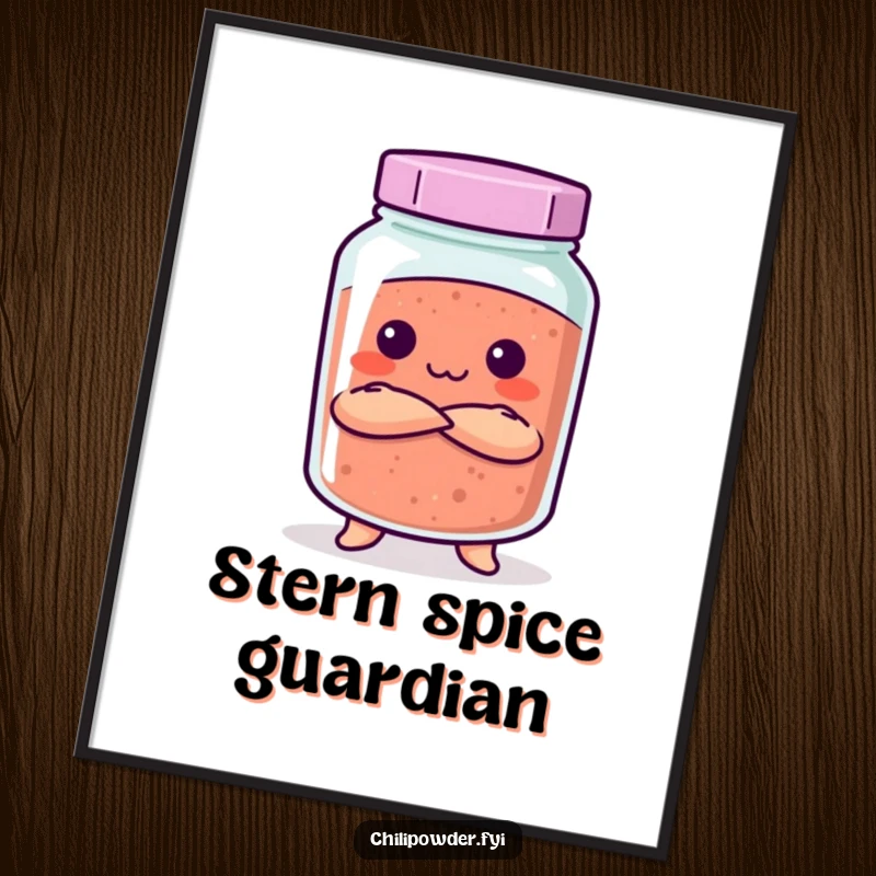 Funny Kawaii chili powder jar with crossed arms and a stern expression, featured on a humorous wall art poster.