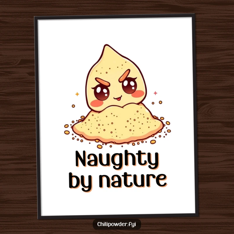 Funny chili powder poster showcasing a mischievous winking character with googly eyes, adding a touch of humor to decor.