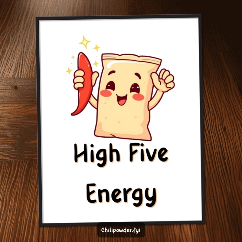 Funny chili powder bag character giving an enthusiastic, shimmering high-five, presented as a vibrant wall poster.