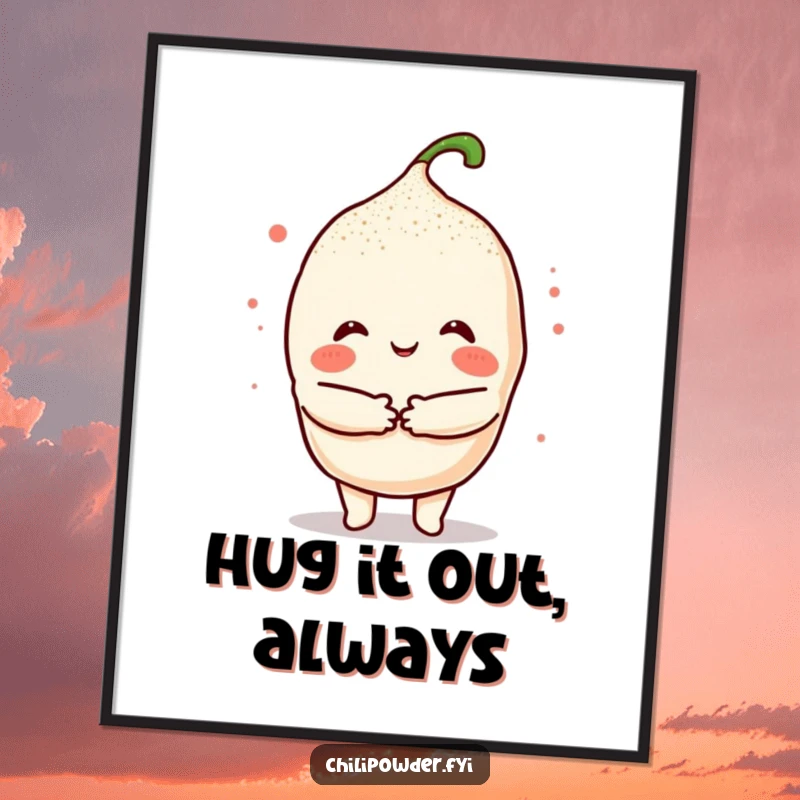 Funny Kawaii Chili Hug Poster: A cute chili character giving a warm, inviting hug, radiating friendliness and spicy comfort.
