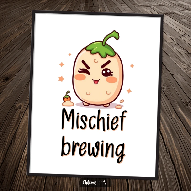 Funny kawaii chili powder winking with a mischievous grin, bringing a playful and intriguing atmosphere to any wall.