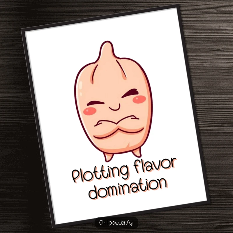 Funny Poster: Kawaii chili powder character winking playfully, arms crossed, with a mischievous expression, adding a bold and humorous touch to wall decor.