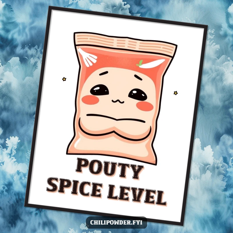 Funny chili powder poster featuring a spice bag character making a pouting face with crossed arms, ideal for humorous decor.