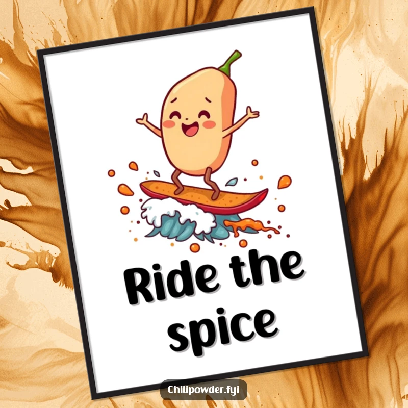 Funny Poster: A chili powder flake with legs gleefully surfs a spice wave, capturing the thrill and excitement of the moment.