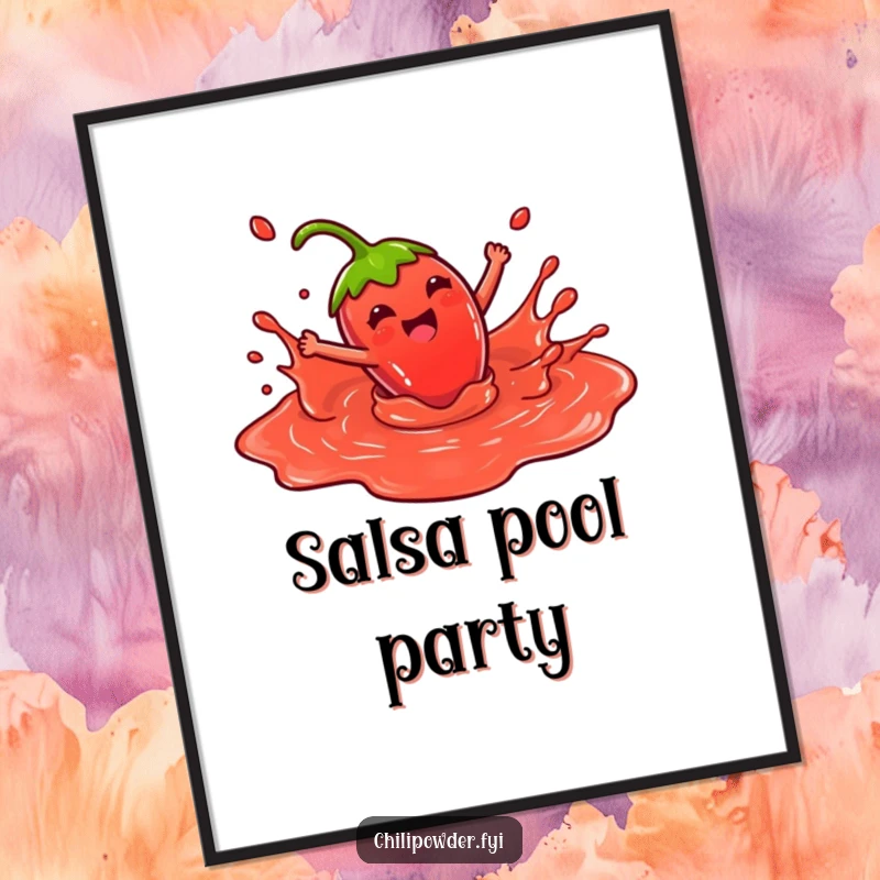Funny Poster: Kawaii chili powder character joyfully splashing in a puddle of red sauce, creating a dynamic and cheerful piece of wall art, a great gift.