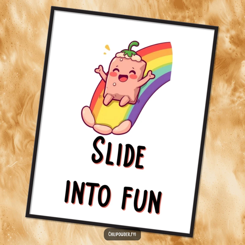 Funny chili powder bag character gleefully sliding down a rainbow, cheering comically, featured as a poster for joyful wall art.
