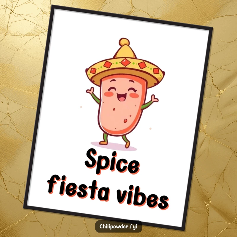 Funny kawaii chili powder with a sombrero dancing merrily, bringing a vibrant and joyful fiesta atmosphere to any space.