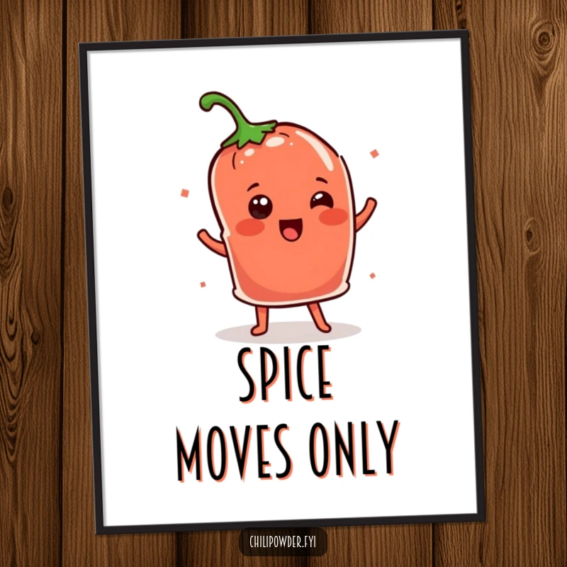 Funny Kawaii chili powder pouch doing a cheerful shimmy dance, a lively and humorous wall art.