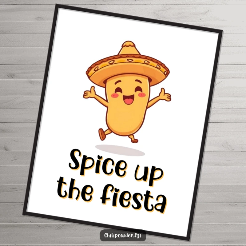 Funny chili powder character wearing a little sombrero, dancing wildly on a poster, adding a dynamic and festive touch to wall decor.
